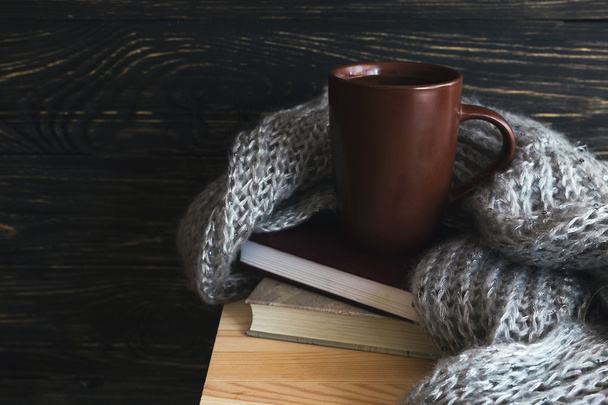 Warm knitted plaid, cup of tea and books - Fotografie, Obrázek