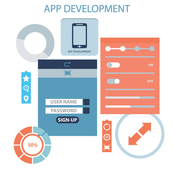 Концепция плоского дизайна для разработки приложений со смартфоном, инструментами, программным кодом на синем фоне
 - Вектор,изображение