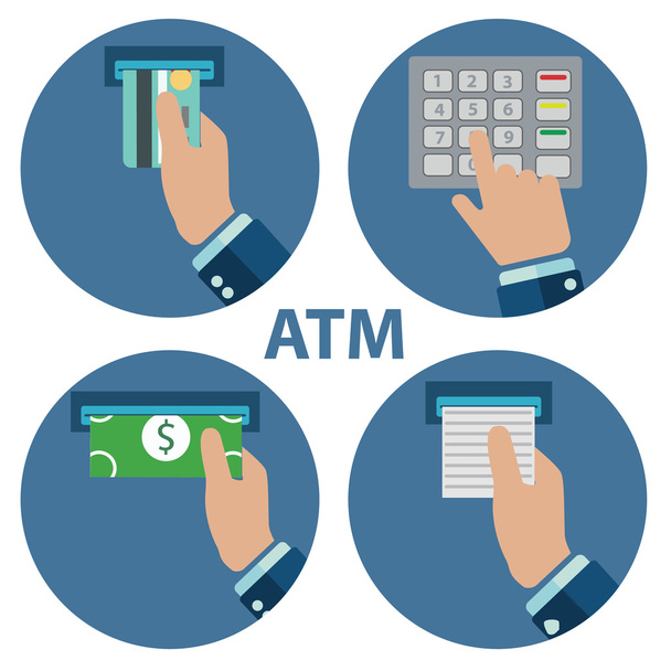Utilisation du terminal ATM. Paiement par le biais du. Obtenir de l'argent d'une carte. Illustration vectorielle
 - Vecteur, image