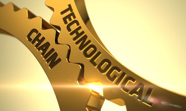 Technologische Chain Concept. Gouden Metallic Cog Gears. 3D. - Foto, afbeelding