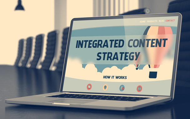 integrierte Content-Strategie auf Laptop im Konferenzsaal. 3d. - Foto, Bild
