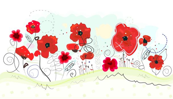 Abstract doodle flowers and red poppies vector background. Spring time watercolor red poppy flower vector illustration - Vector, Image