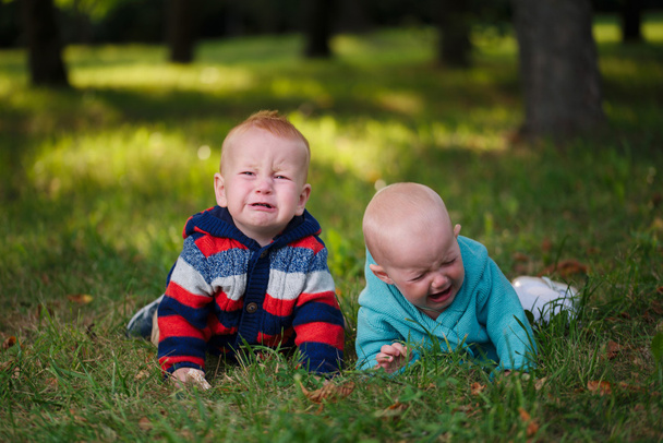 two crying children lying in grass - Photo, image