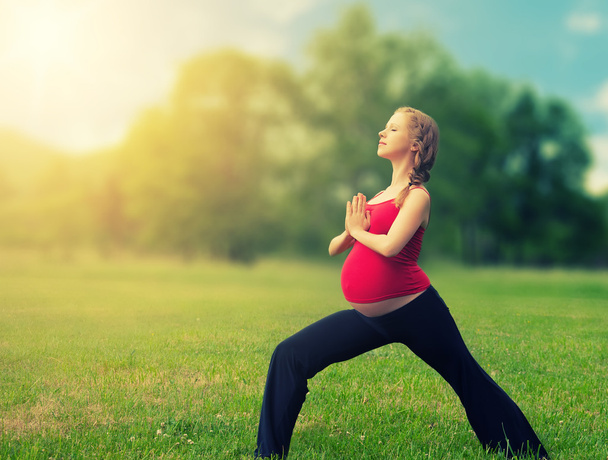 Femme enceinte saine faisant du yoga dans la nature
 - Photo, image