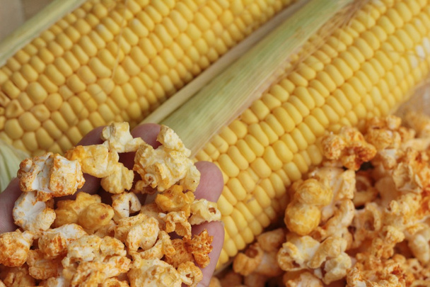 Popcorn au beurre et épi de maïs frais
 - Photo, image