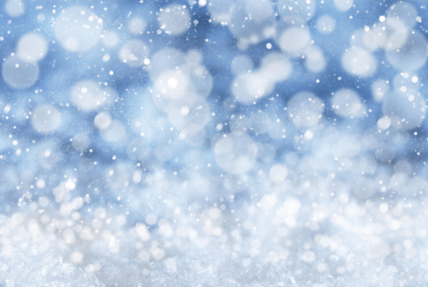 Blue Christmas Background With Snow, Snwoflakes And Bokeh - Valokuva, kuva