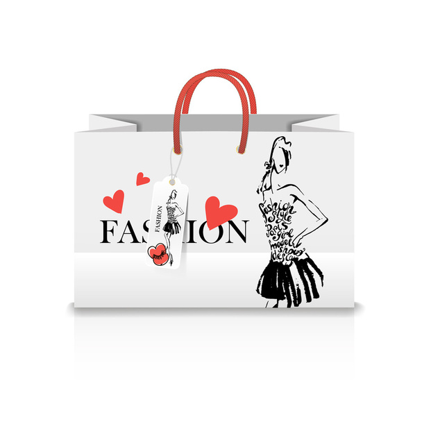Shopping Bag with a print - Fashion illustration. ink sketch - Vector, imagen
