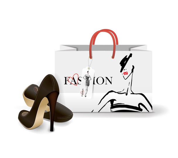 Shopping Bag with a print - Fashion illustration. ink sketch - Vector, imagen