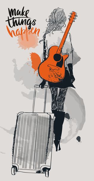 fashion girls with suitcases and guitar - Vector, Image