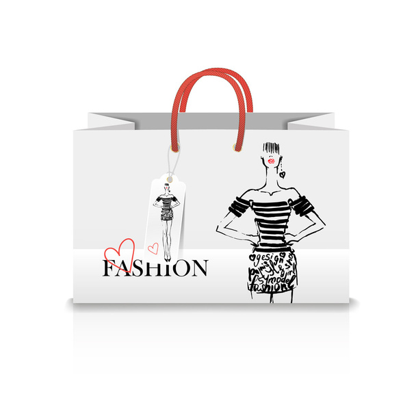Shopping Bag with a print - Fashion illustration. ink sketch - Wektor, obraz