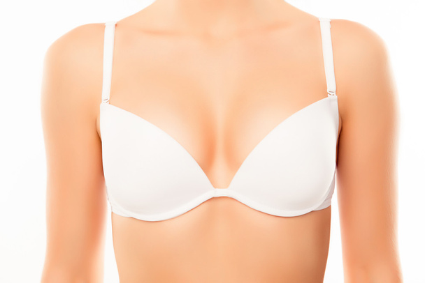Close up of  sexy woman with perfect chest in white bra - Zdjęcie, obraz