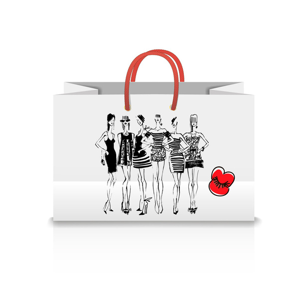 Shopping Bag with a print - Fashion illustration. ink sketch - Vector, afbeelding