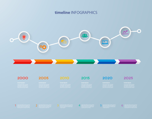 Modello di timeline infografica con cerchi colorati realistici per 6 passaggi e icone. Può essere utilizzato per layout del flusso di lavoro, diagramma, opzioni di numero, opzioni di step up, web design, infografica, presentazioni
 - Vettoriali, immagini
