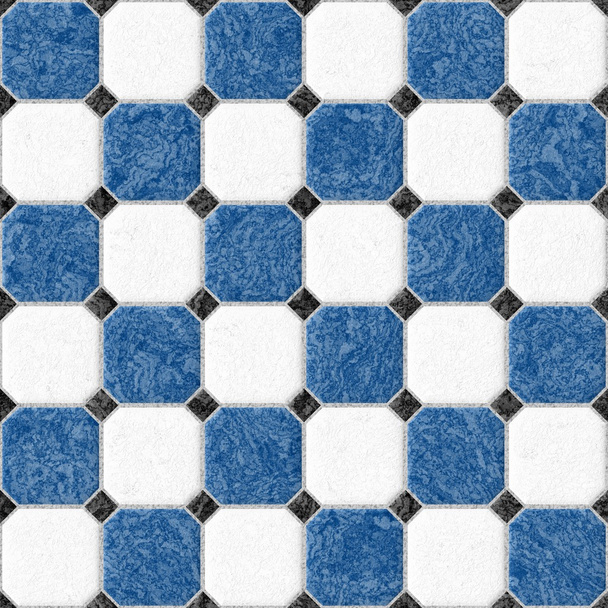 blauer und weißer Marmor quadratische Bodenfliesen mit schwarzen Rauten und grauer Lücke - nahtlose Muster Textur Hintergrund - Foto, Bild