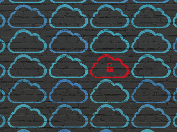 Conceito de tecnologia de nuvem: nuvem com ícone de cadeado no fundo da parede
 - Foto, Imagem