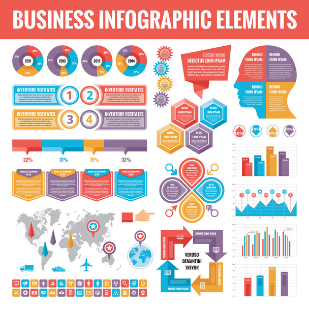 Big set of business infographic elements for presentation, brochure, web site and other projects. Abstract infographics templates in flat style design. Vector concept illustration and icons. - Vector, Image