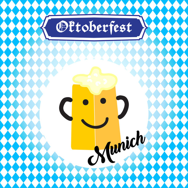 OKTOBERFEST vector. Beer mag Smiley on Oktoberfest Bavarian flag pattern. Oktoberfest Beer festival in Germany and Octoberfest USA - Vector, Image