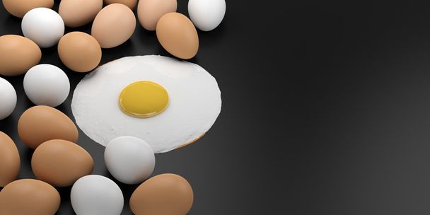 3D rendering τηγανητό αυγό μεταξύ αυγά σε μαύρο φόντο - Φωτογραφία, εικόνα