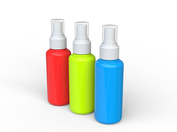 Red, green and blue unlabled spray bottles - top view - Фото, изображение