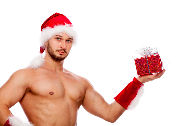 Image of sexy man wearing santa claus costume, isolated on white - 写真・画像