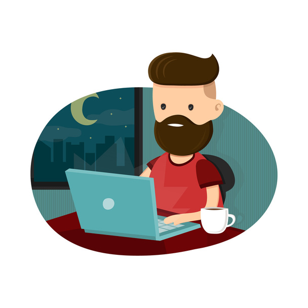 Young men hipster character sitting at a laptop and working overtime late night. Freelance work. Flat vector illustration. Isolated on white background - Vector, Image