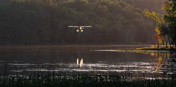 Duba üzerinde küçük sarı uçak iniş için bir Doğu Ontario Gölü'bir yaz akşamı geliyor.  - Fotoğraf, Görsel