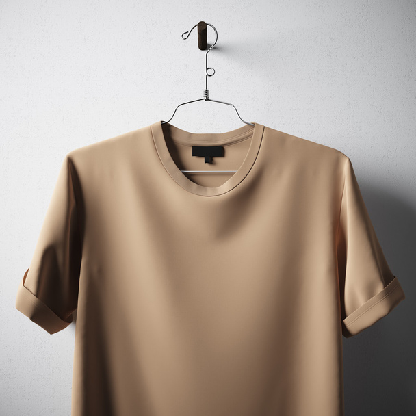 Closeup Blank Brown Cotton Tshirt Hanging Center Concrete White Empty Background.Mockup Highly Detailed Texture Materials.Clear Label Space for Business Message. Square. 3D rendering. - Foto, imagen