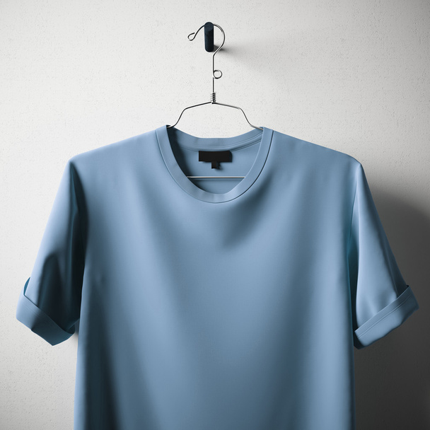 Closeup Blank Blue Color Cotton Tshirt Hanging Center Concrete White Empty Background.Mockup Highly Detailed Texture Materials.Clear Label Space for Business Message. Square. 3D rendering. - 写真・画像