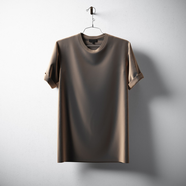Blank Gold Color Cotton Tshirt Hanging Center Concrete White Empty Background.Mockup Highly Detailed Texture Materials.Clear Label Space for Business Message. Square. 3D rendering. - Fotó, kép