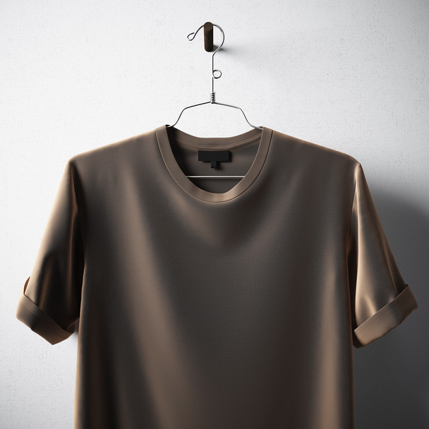 Closeup Blank Gold Color Cotton Tshirt Hanging Center Concrete White Empty Background.Mockup Highly Detailed Texture Materials.Clear Label Space for Business Message. Square. 3D rendering. - Φωτογραφία, εικόνα