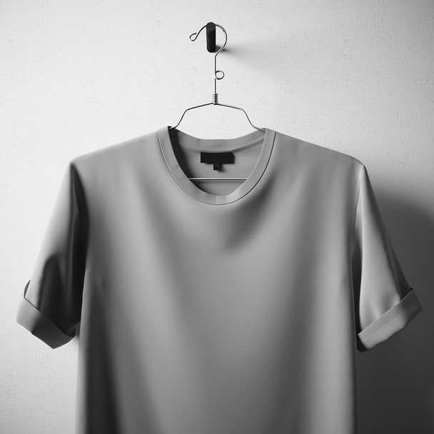Closeup Blank Gray Cotton Tshirt Hanging Center White Concrete Empty Wall Background.Mockup Highly Detailed Texture Materials.Clear Label Space for Business Message. Square. 3D rendering. - 写真・画像