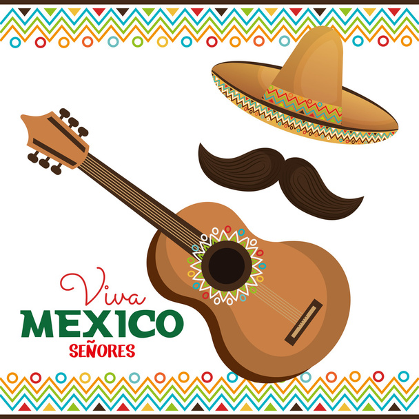 Gitarre und Hut mit Schnurrbart viva Mexico - Vektor, Bild
