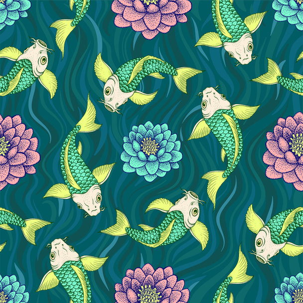 Seamless Japan pattern with Koi Fish carp vector background. - Vector, afbeelding