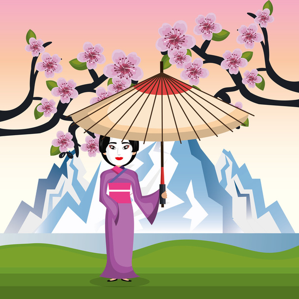 menina japonês quimono bem-vindo japão ícone
 - Vetor, Imagem