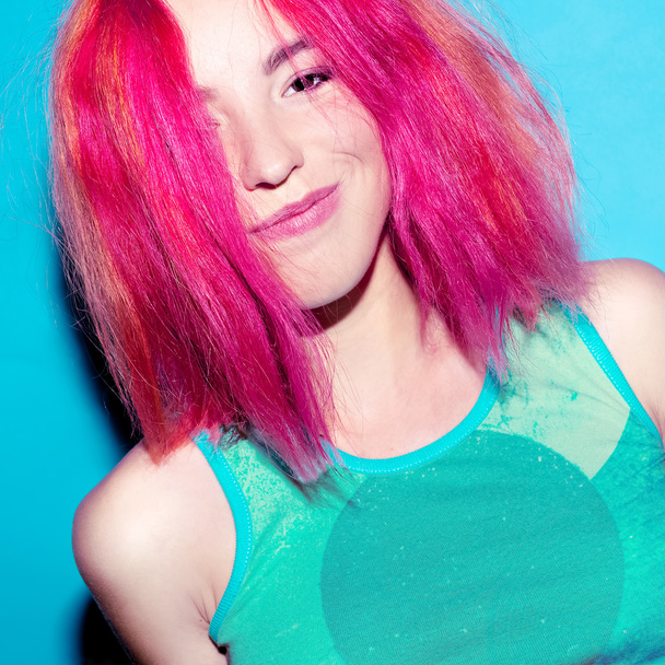 Stylish Girl with pink hair cute young fashion - Photo, image