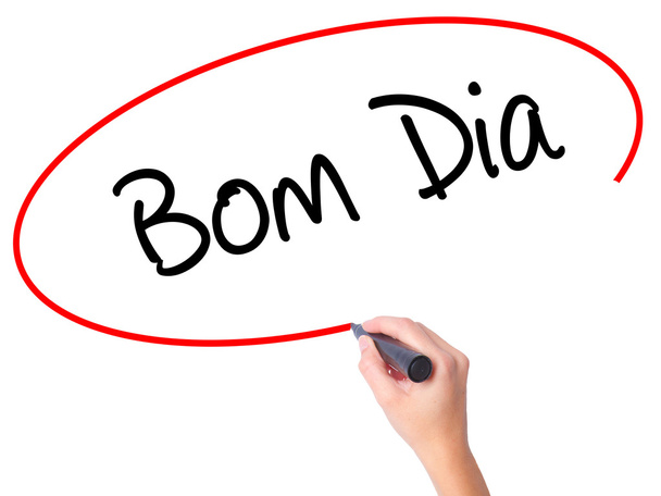 女性の手書きの「ボンディア」(でポルトガル語 - 良い Mor - 写真・画像