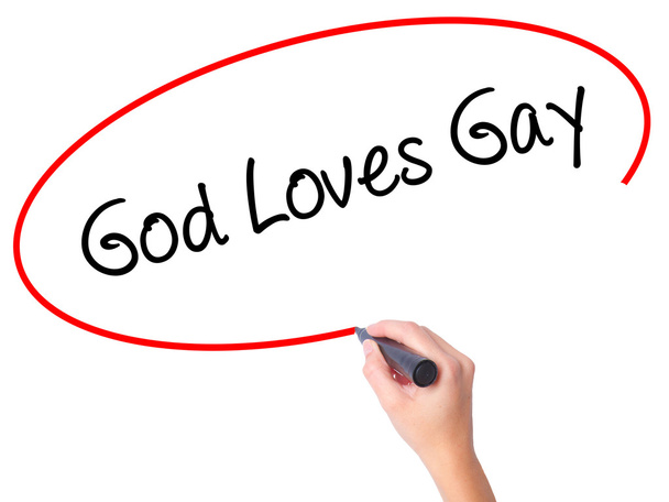 Women Hand writing God Loves Gay with black marker on visual scr - Photo, Image