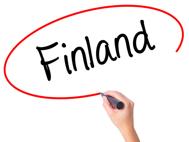 Women Hand writing Finland with black marker on visual screen. - Foto, Imagem