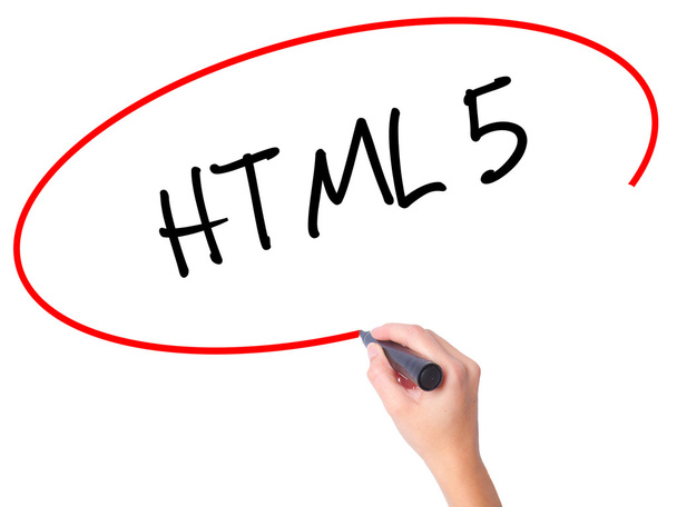 Women Hand writing HTML 5 with black marker on visual screen - Photo, Image