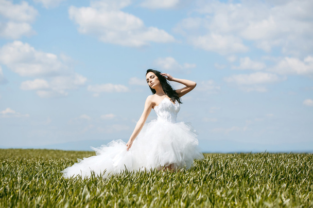 pretty wedding girl on green grass and sky - 写真・画像