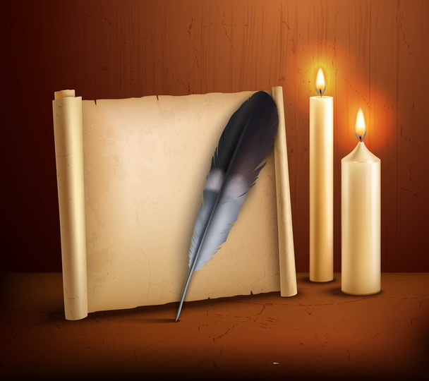 Póster de fondo realista de velas de pergamino de plumas
  - Vector, imagen