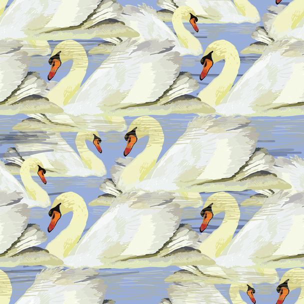 illustration of seamless pattern with white swan on blue backgro - Вектор,изображение