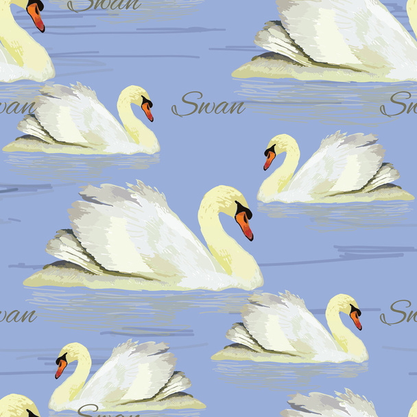 seamless pattern with white swan on blue background, water. Wate - Vector, Imagen