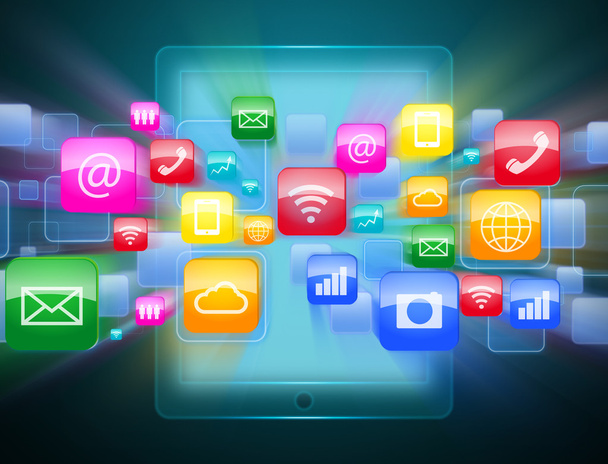 Tablet de tela sensível ao toque com nuvem de ícones de aplicativos coloridos
 - Foto, Imagem