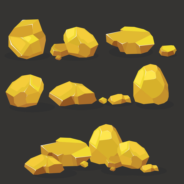 Gold rock,nugget set. Stones single or piled for damage and rubble for game art architecture design - Vektör, Görsel