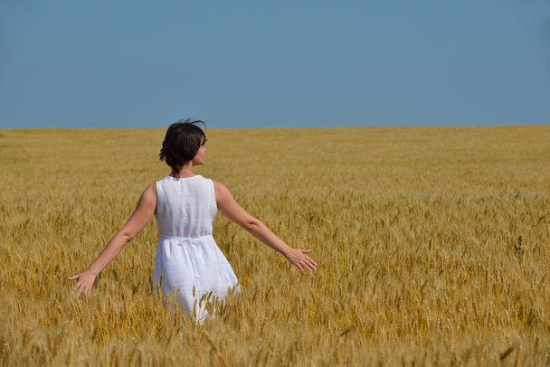 young woman in wheat field at summer - Фото, зображення