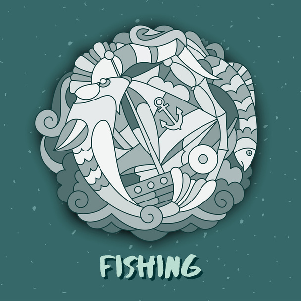Fish, fishing and elements of sea landscape - Vector, afbeelding