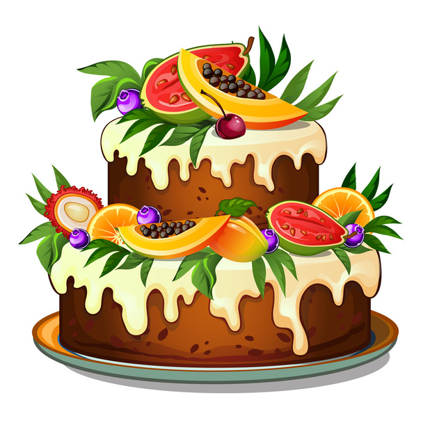 Cake decorated with tropical fruits - Vektori, kuva