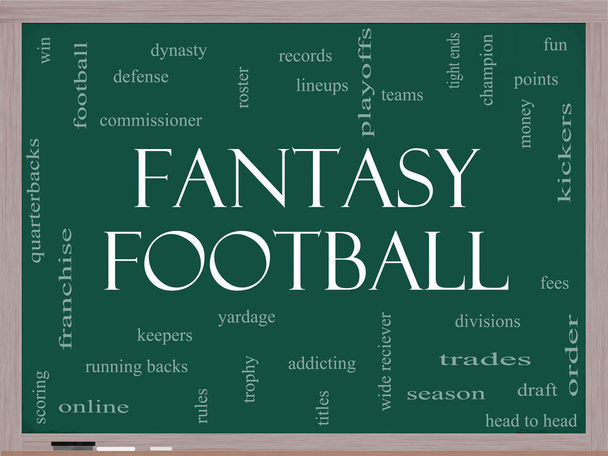 Fantasy voetbal woord wolk concept op een schoolbord - Foto, afbeelding