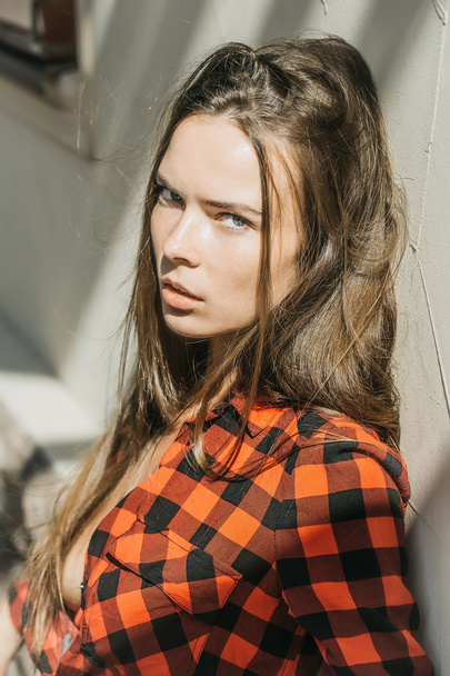 Sexy girl in checkered shirt - Foto, afbeelding